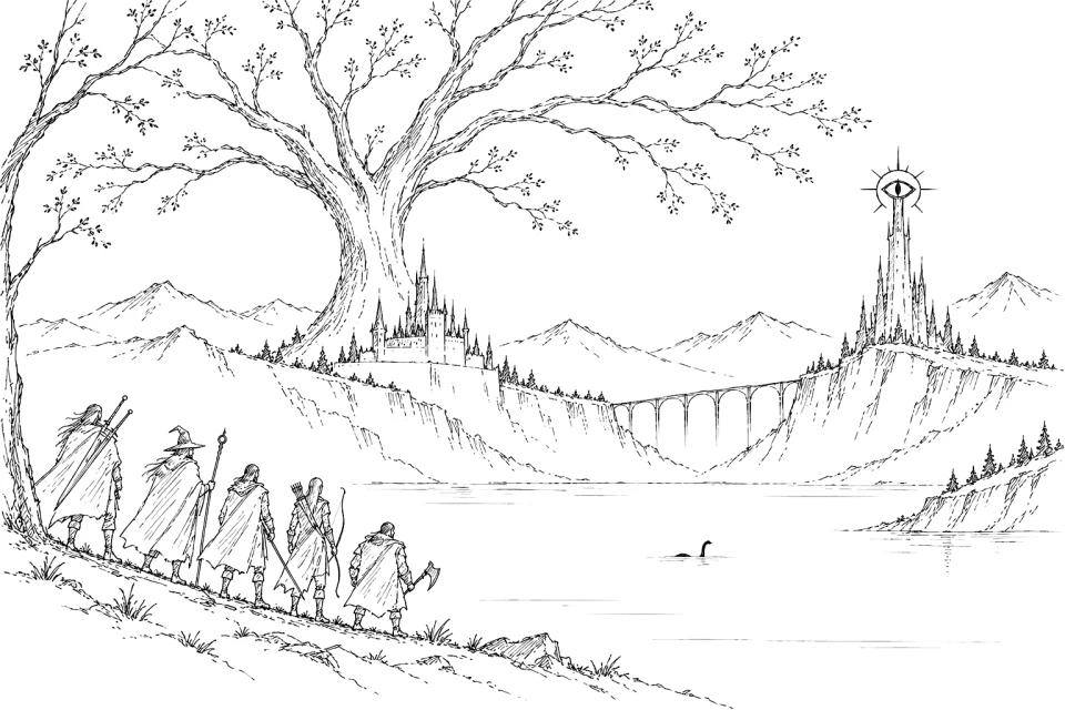 A hand-drawn fantasy landscape