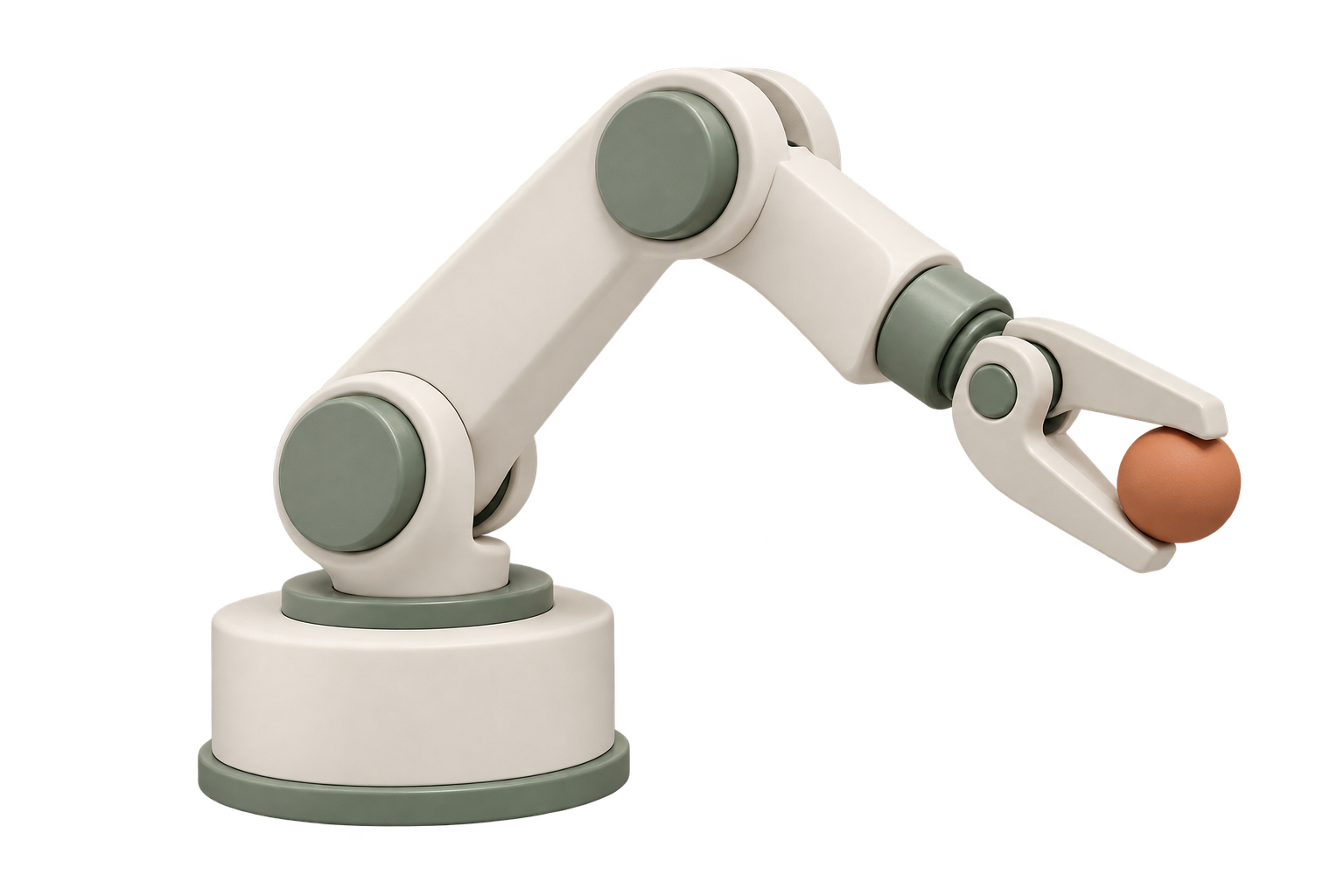 Minimal 3D robotic arm holding a terracotta sphere, representing control