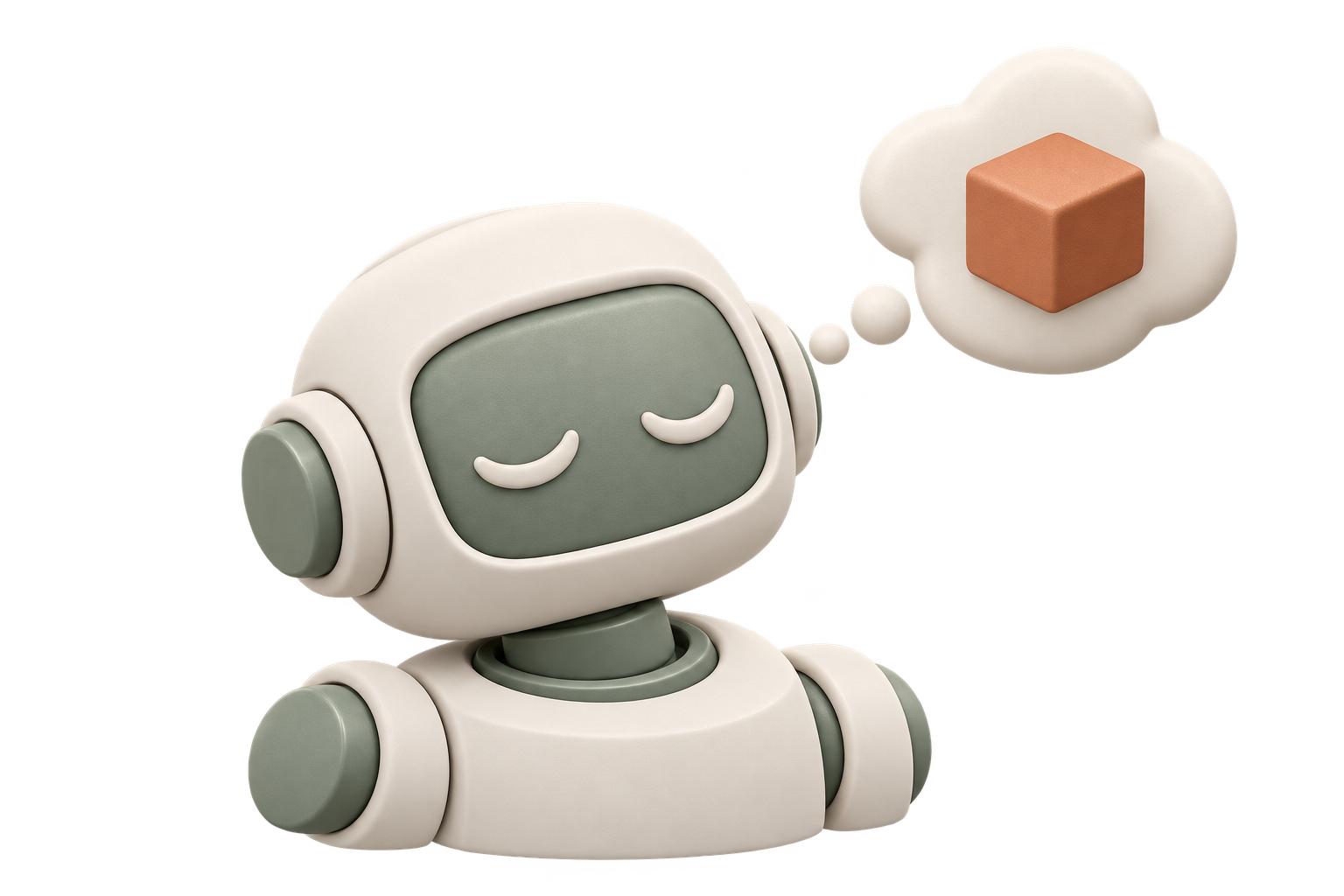 A ceramic robot with closed eyes dreaming of a terracotta cube in a thought bubble