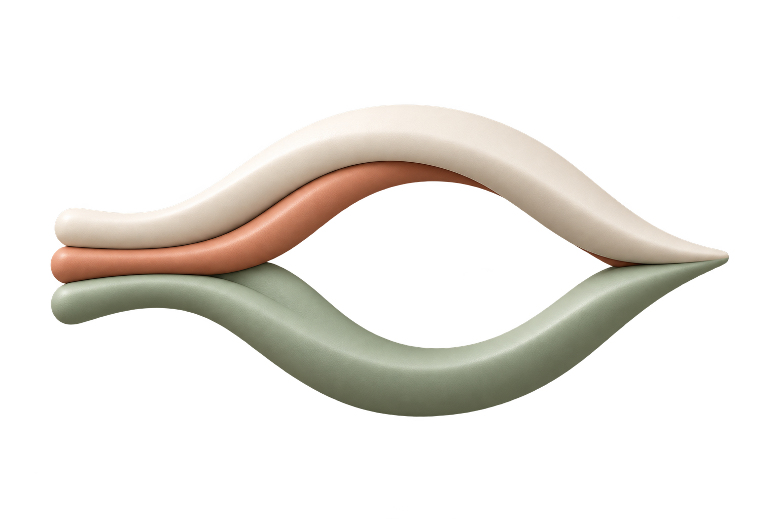 Three ivory, sage, and terracotta flows representing vision, language, and action merge into an open eye shape